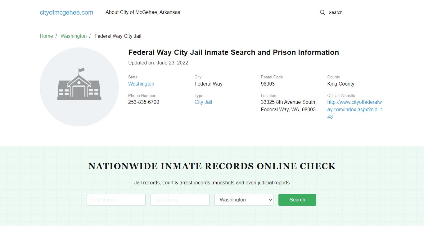 Federal Way City Jail Inmate Search and Prison Information